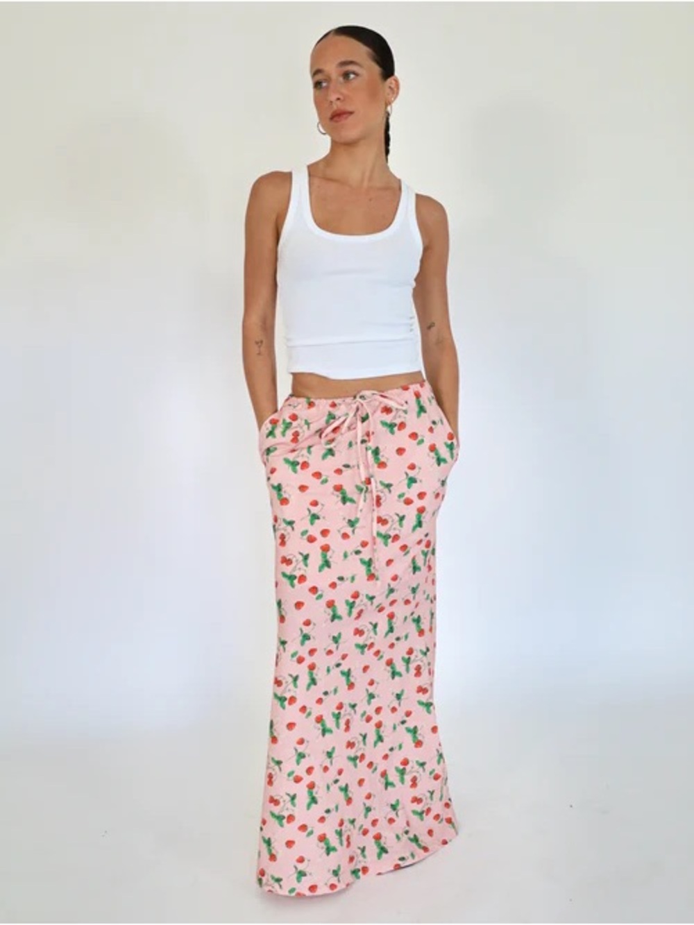 Maxi Drawstring Skirt in Pink Strawberry Print